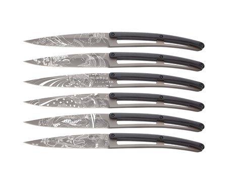 Coffret de 6 couteaux de table tatoués manche ébène Deejo Limonest