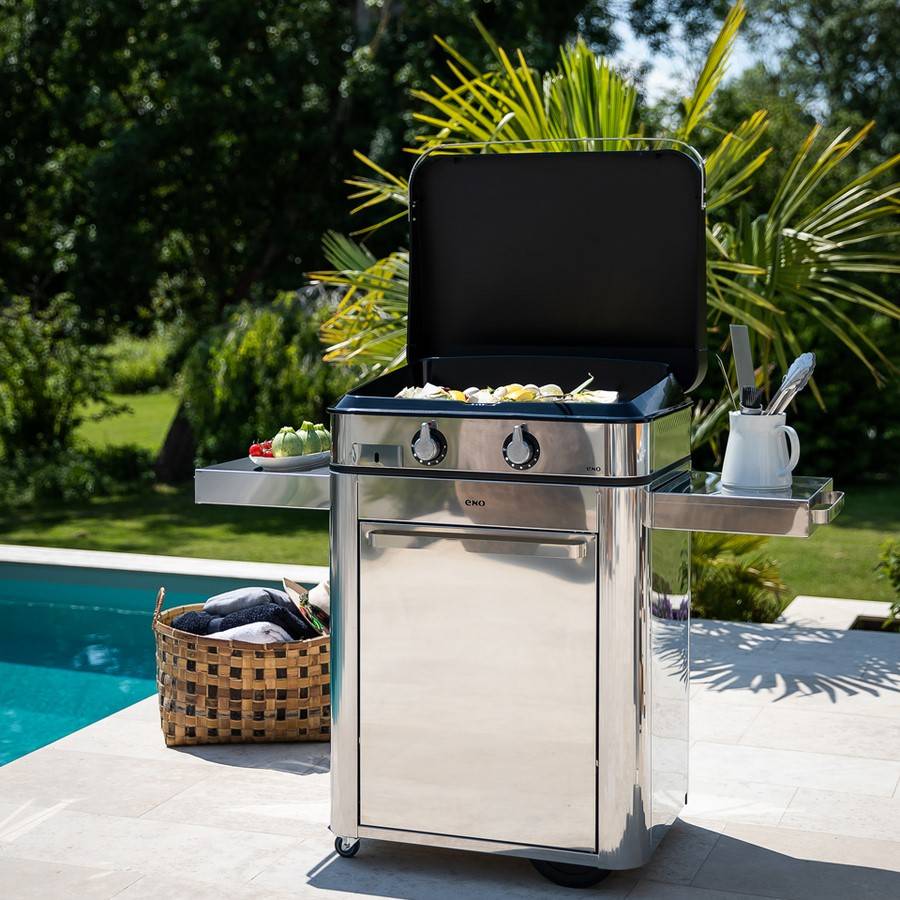 Plancha gaz Enosign 65 sur chariot inox avec couvercle