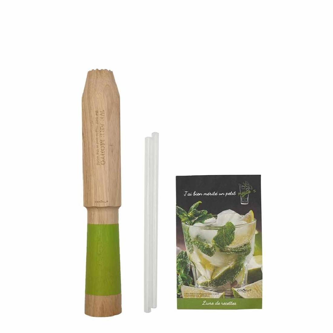 pilon, pailles en verre et livre de recette cookut